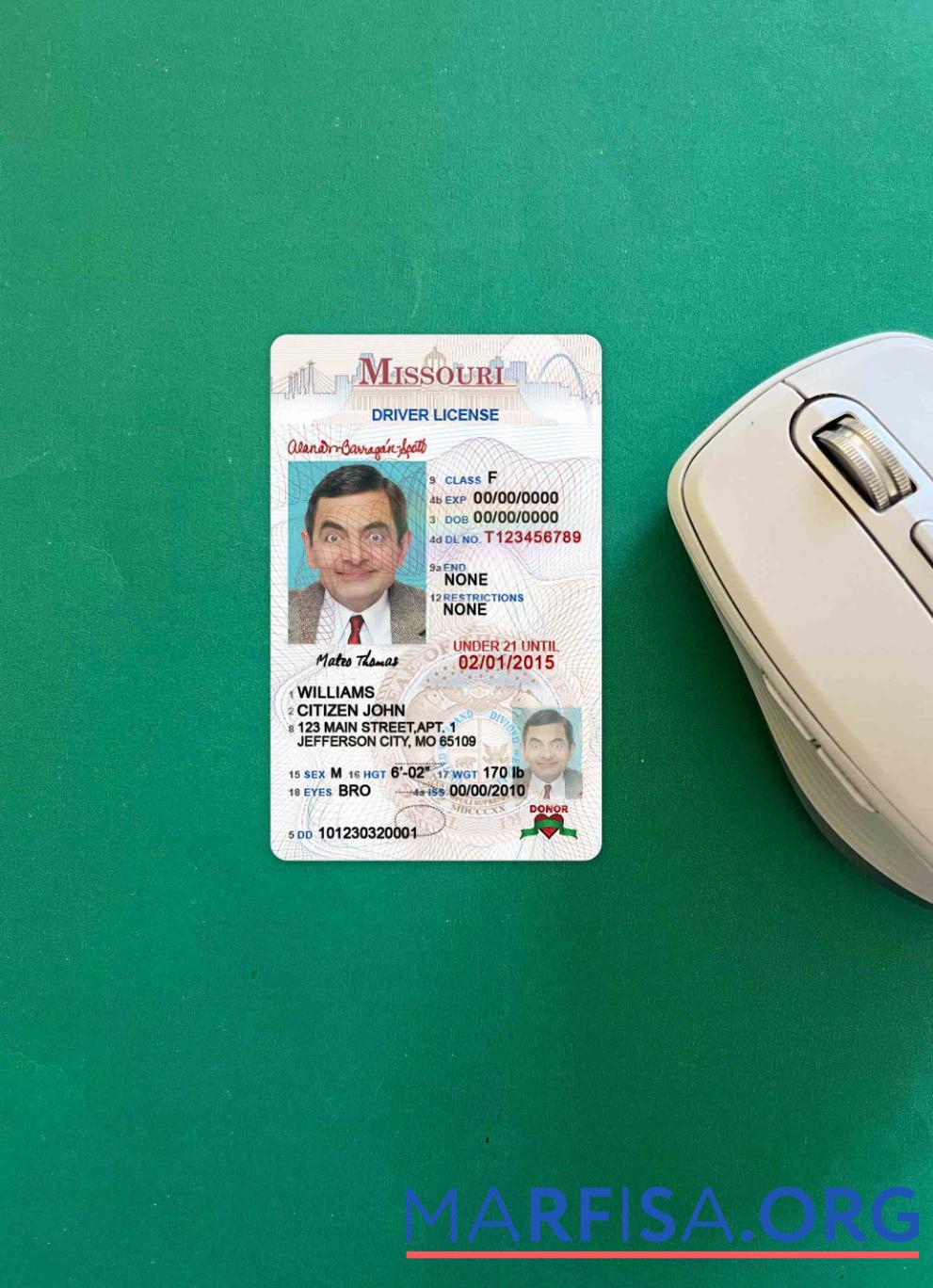 Printable USA Missouri driving license under 21 photolook download for verification